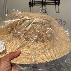 Lele Sadoughi Tan Straw Hat with Pearl Accents